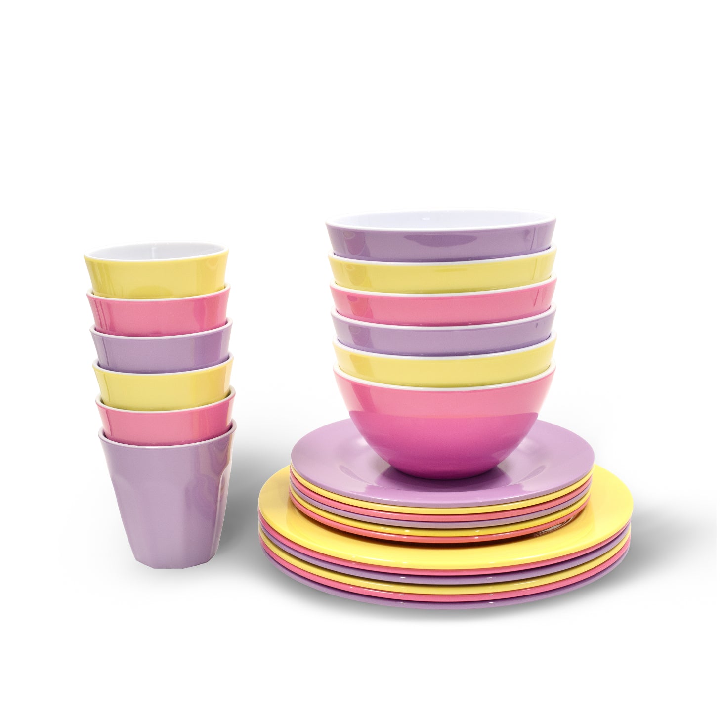 Melamine Dinnerware Set - 24pc (Lavender Purple, Yellow Glow, Flamingo Pink)
